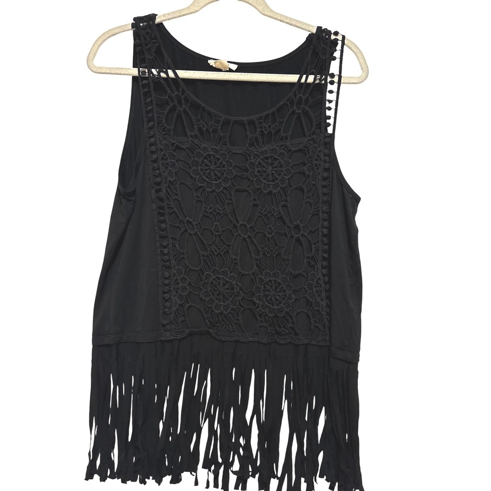 Tribal‎ Gold Black Crochet Fringe Tank Top Boho sz L edgy festival cowgirl gypsy